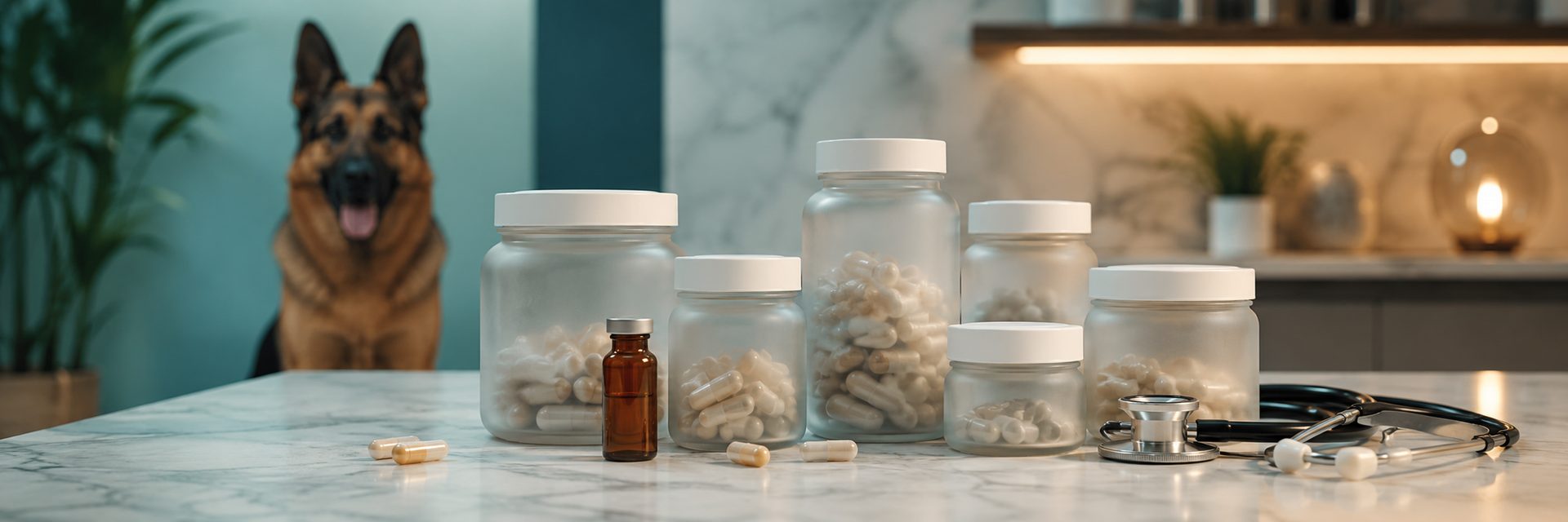 Peptide supplements on marble counter with German Shepherd